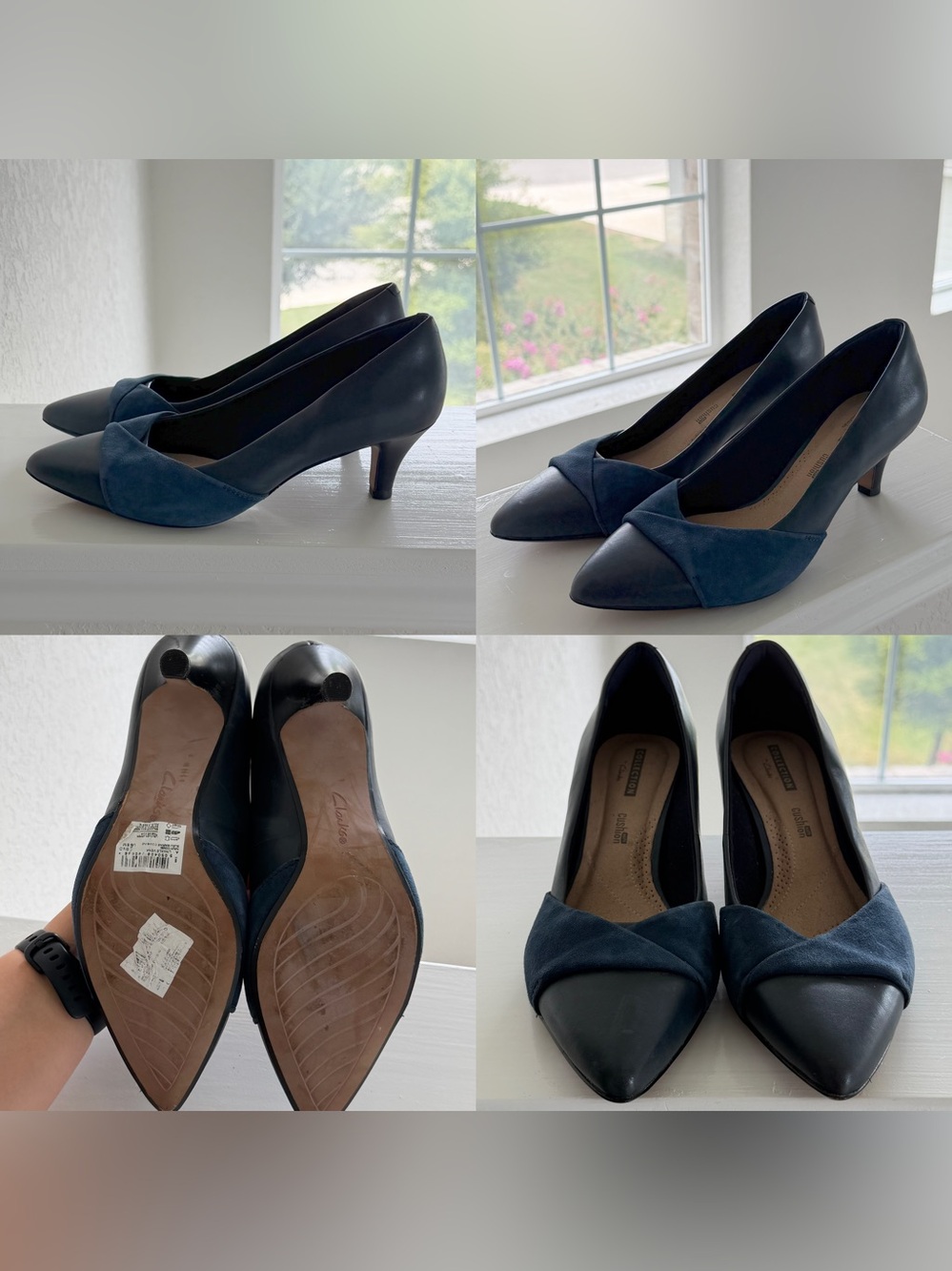 •CLARKS• Linvale Vena Suede Navy Blue Heels Size 8